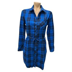 BC Clothing Elegant Blue Checkered Long Sleeve Dress Size S